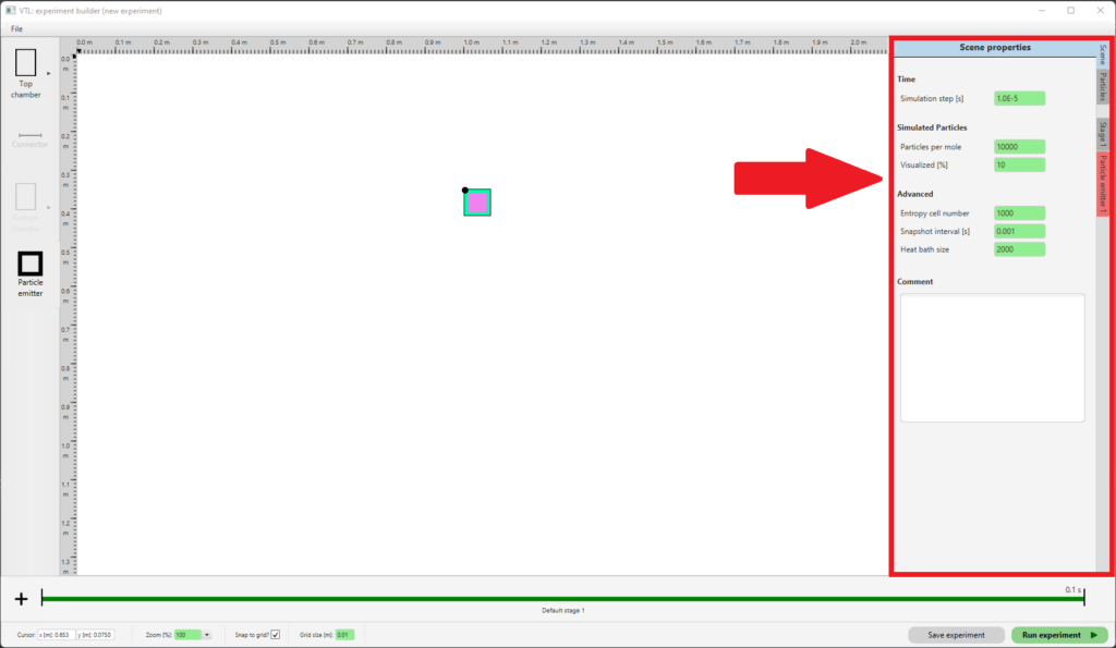 On the right side, there is a tab pane. There, you can modify the properties that define your experiment, including those of components you added.