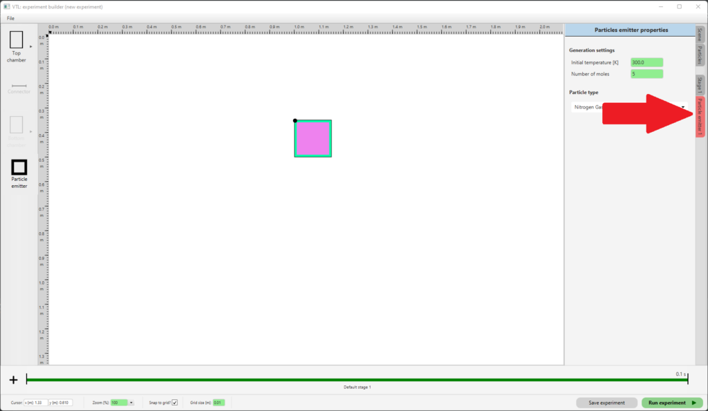You might wonder why the "Particle emitter 1" tab is colored red. The reason is, that there is an error! A particle emitter needs to be placed in a chamber, so it knows where to generate particles. You won't be able to run the experiment like this.