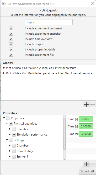 One thing you can do in the menu is export a report. A report is an extensive pdf containing various information about your experiment, such as a picture of the setup, different graphs, a property-table, etc.